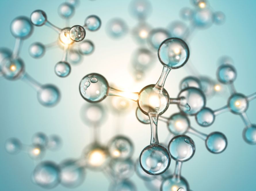 Représentation artistique de molécules transparentes reliées entre elles, symbolisant la biologie ou la chimie du vivant.