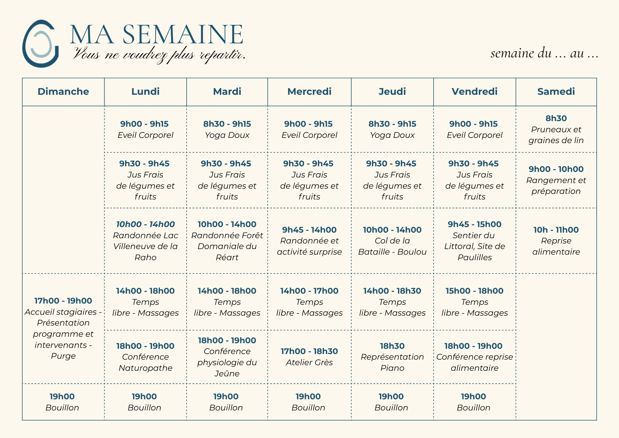 Planning type d'une journée de séjour à l'Écurie de Villeclare