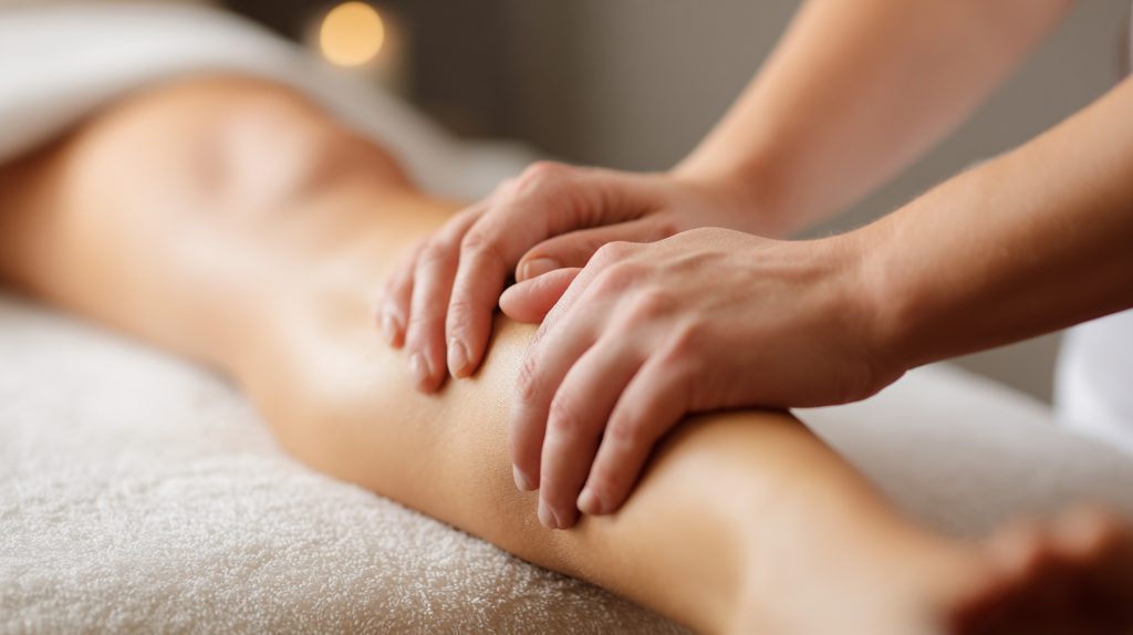 Gros plan sur un massage relaxant des jambes, deux mains exerçant une pression douce sur la peau dans une atmosphère calme et apaisante.