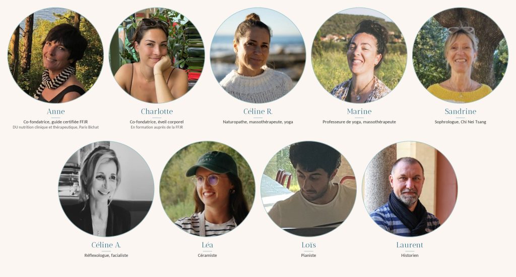 Les neuf intervenants des séjours Graine de Jeûne : Anne, Charlotte, Céline R., Marine, Sandrine, Céline A., Léa, Loïs et Laurent