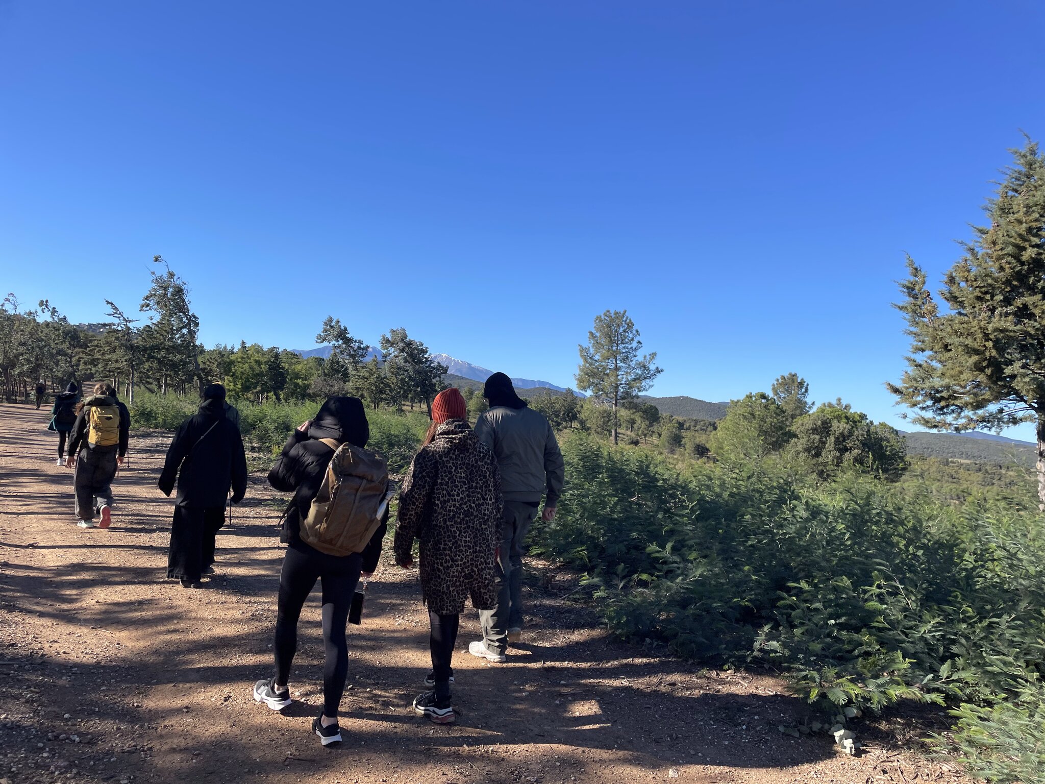 Un groupe de marcheurs sur un sentier, les collines et le ciel dégagé au fond