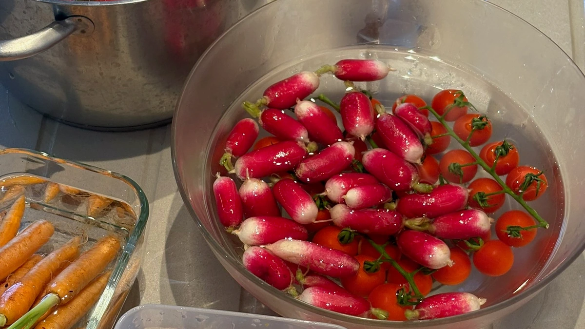 Radis roses et tomates cerises en grappe rincés dans un saladier d'eau, carottes fanes et fraises à côté.