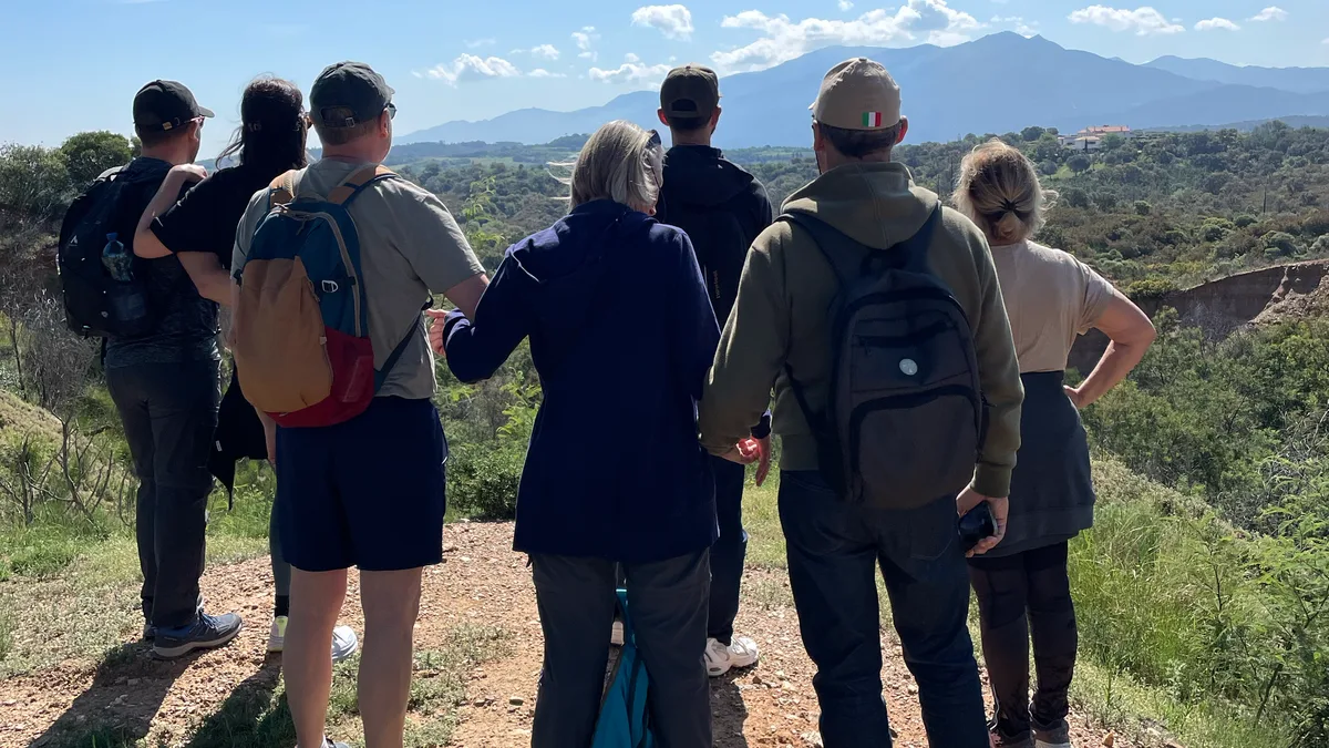 Un groupe de randonneurs, vus de dos à l'ombre d'un pin, observe la vallée et les collines depuis un promontoire.