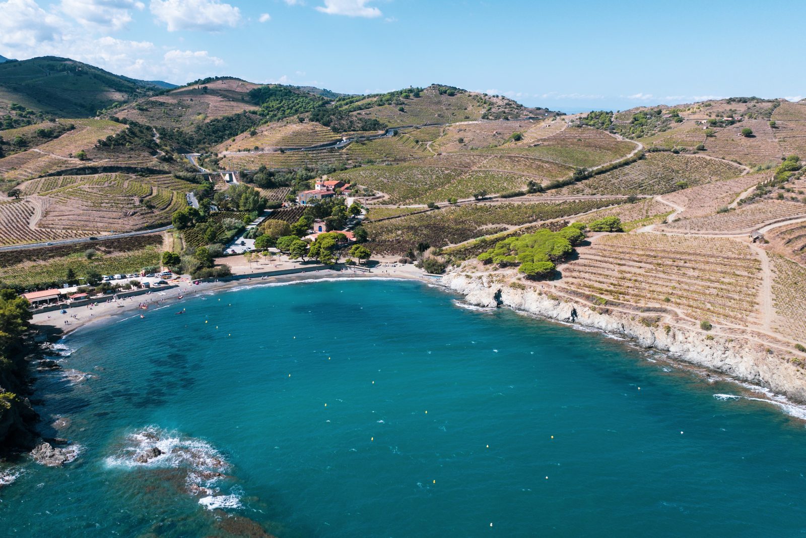 Vue aérienne d'une anse de la Méditerranée aux eaux turquoise, bordée de vignes en terrasses et de pins