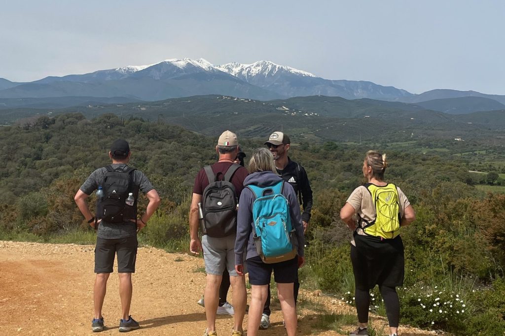 Randonneurs vus de dos sur un chemin de terre, face à une vallée boisée et à un massif enneigé