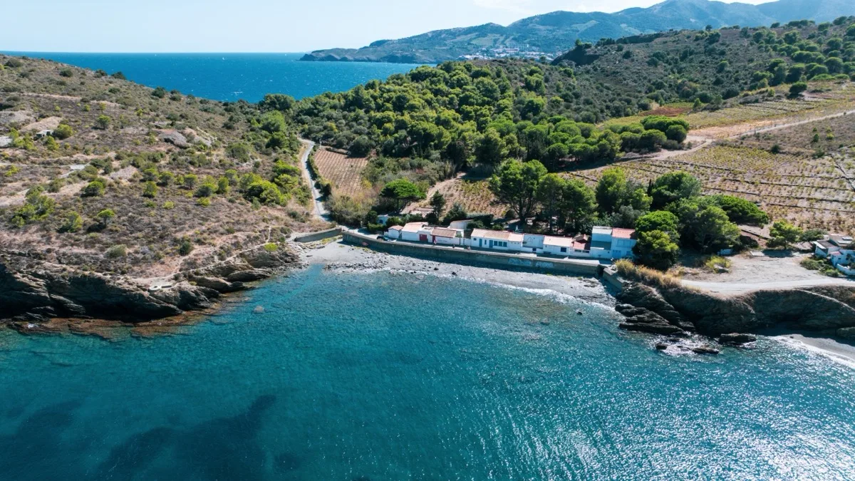 Vue aérienne au drone d'une crique du secteur Paulilles - Port-Vendres, sur la Côte Vermeille, entre eau turquoise et végétation méditerranéenne.